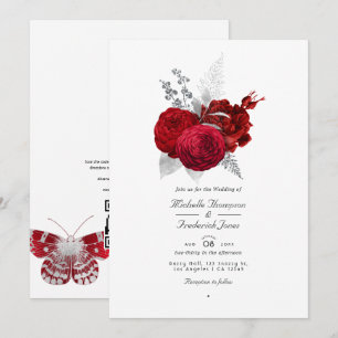 Rote und silberne Vintage-Rosen QR-Code RSVP Hochz Einladung