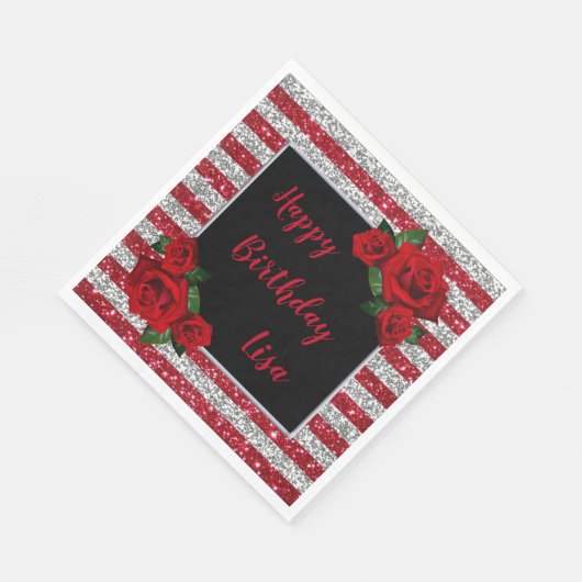 Rote und Silberstreifen Streifen Glitzer Rote Rose Serviette (Ecke)
