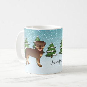 Rote und Tan-Rottweiler-Hunde in einem Winterwald Kaffeetasse