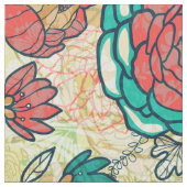 Rote und türkisfarbene Peonies Illustration Stoff (Nahaufnahme)