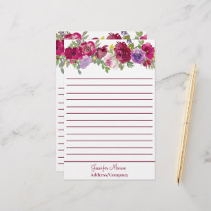 Rote und violette Aquarellblumen personalisiert  Briefpapier