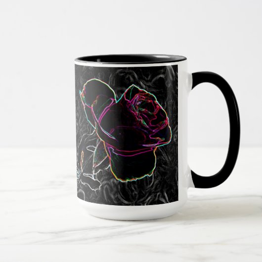 Rote und violette Neon-Rose mit Händen auf schwarz Tasse (Rechts)