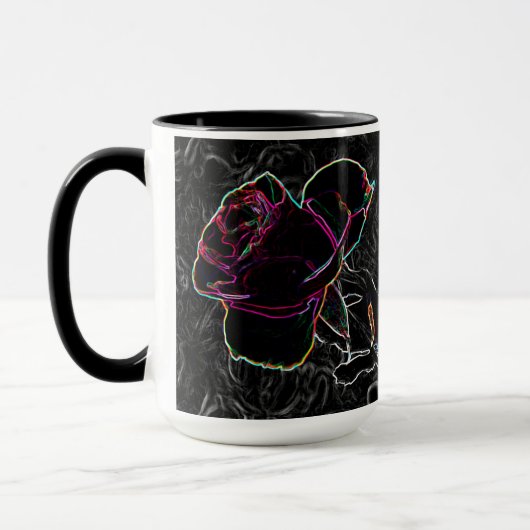 Rote und violette Neon-Rose mit Händen auf schwarz Tasse (Links)