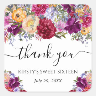 Rote und violette Sommerblumen Süße 16 Quadratischer Aufkleber