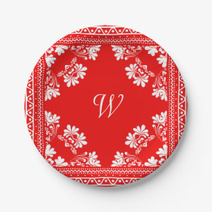 Rote und weiße Bandane mit Monogramm Pappteller