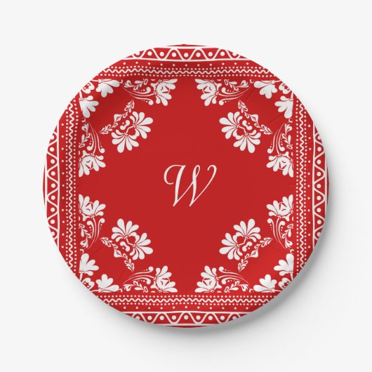Rote und weiße Bandane mit Monogramm Pappteller (Vorderseite)