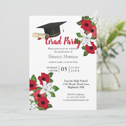 Rote und weiße Blume 🎓 Abschluss Einladung (Stehend Vorderseite)