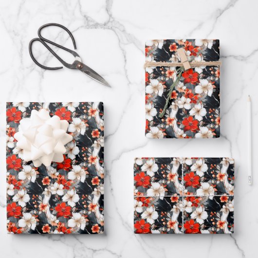 Rote und weiße Blume auf Marmor Geschenkpapier Set (Vorderseite)