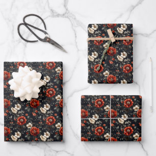 Rote und weiße Blume auf schwarz Geschenkpapier Set
