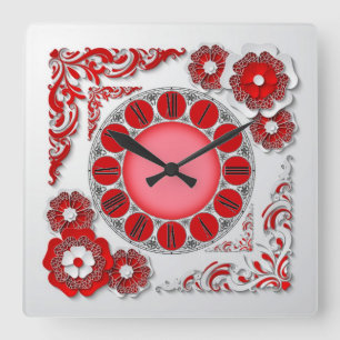 Rote und weiße Blume Quadratische Wanduhr