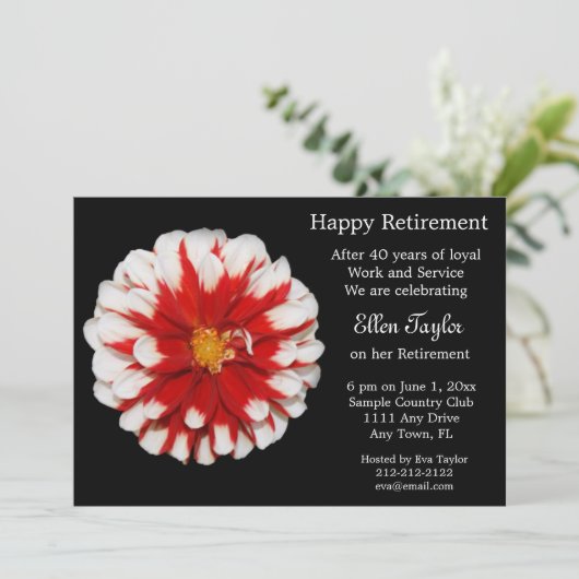 Rote und weiße Blumenruhestands-Party Einladung (Stehend Vorderseite)