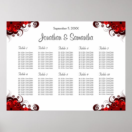 Rote und weiße Blüten 10 Hochzeitstisch Poster (Vorne)