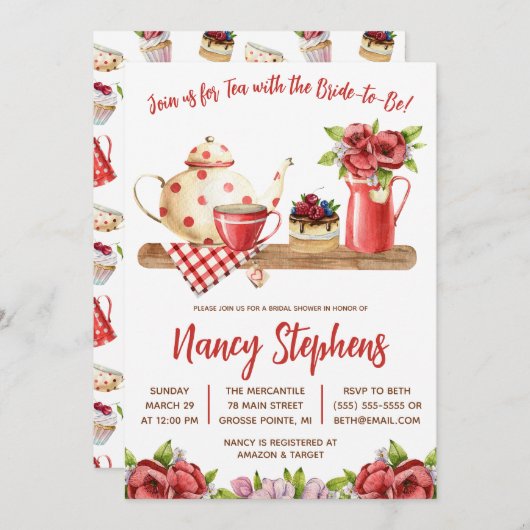 Rote und weiße Blüten, Süßes Tee Party Brautparty Einladung (Vorne/Hinten)