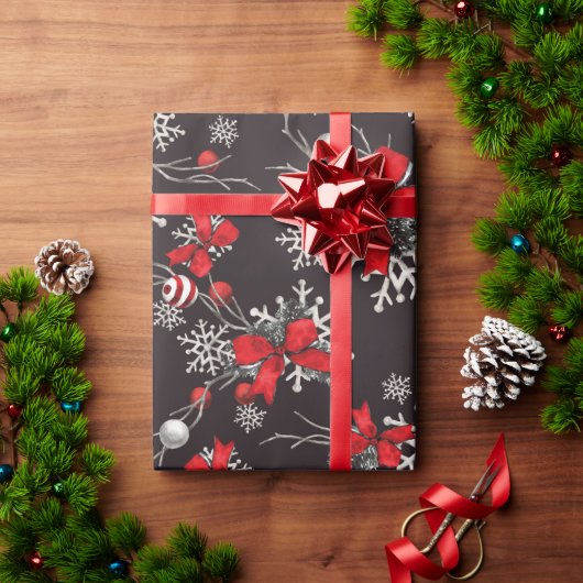 Rote und weiße Bogen Ornamente Schneeflocken auf S Geschenkpapier (Feiertagsgeschenk)