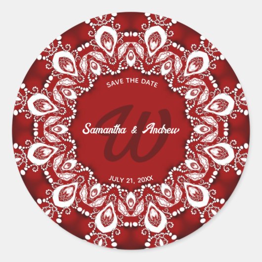 Rote und weiße Bohemische Spitzen Save the Date Runder Aufkleber (Vorderseite)