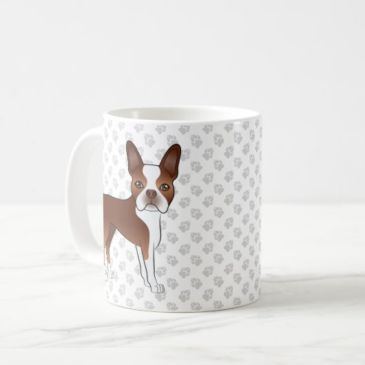 Rote und weiße Boston Terrier Cartoon Dog & Paws Kaffeetasse (Vorderseite Links)