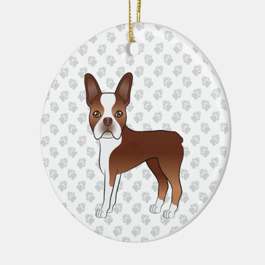 Rote und weiße Boston Terrier Cartoon Dog & Paws Keramik Ornament (Links)