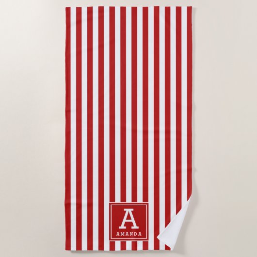 Rote und weiße Cabana Streifen Mit Monogramm Strandtuch (Vorderseite)