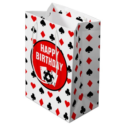 Rote und weiße Casino Chips und Karten Mittlere Geschenktüte (Rückseite Schrägansicht)