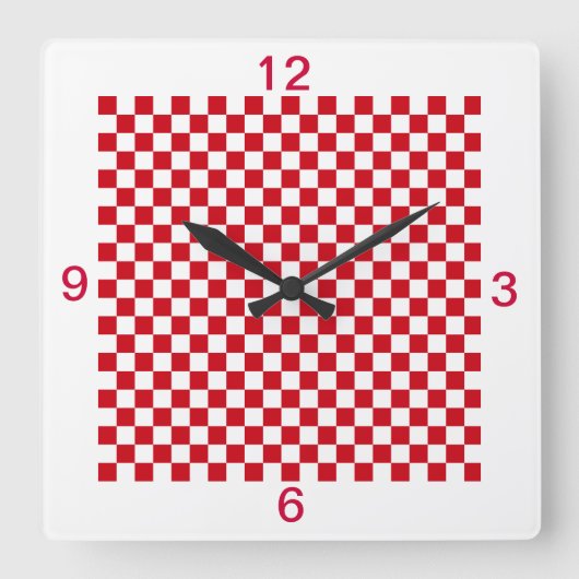 Rote und weiße Checkered Kitchen Clock Numbers Quadratische Wanduhr (Vorderseite)