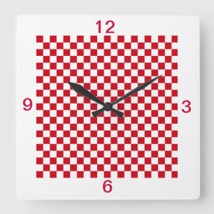 Rote und weiße Checkered Kitchen Clock Numbers Quadratische Wanduhr