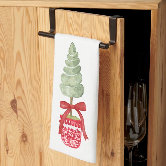 Rote und weiße Chinoiserie Topiary Holiday Geschirrtuch (Drittel gefaltet)