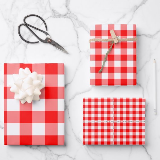 Rote und weiße Gingham-Karo verschiedener Größen Geschenkpapier Set (Vorderseite)