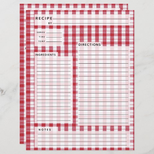 Rote und weiße Gingham-Rezept Beilage (Vorne/Hinten)