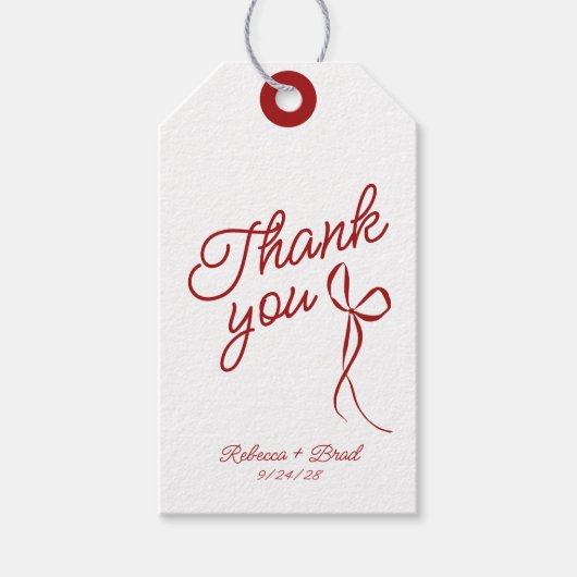 Rote und weiße Hand gezeichneter Bow-Hochzeitsgesc Geschenkanhänger (Vorderseite)