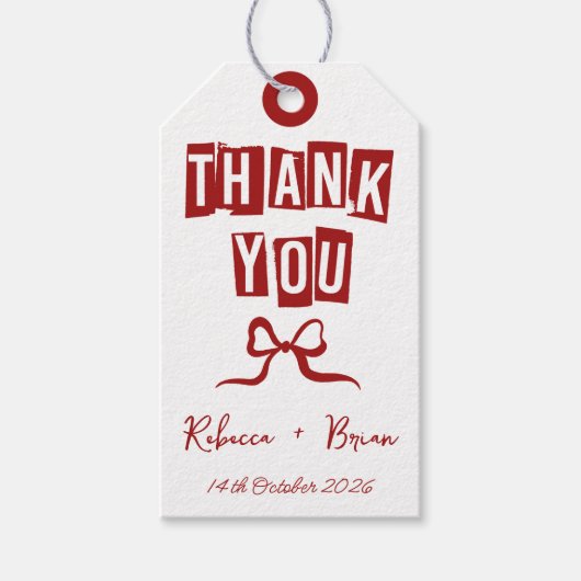 Rote und weiße handgezogene Bow-Hochzeit Geschenkanhänger (Vorderseite)