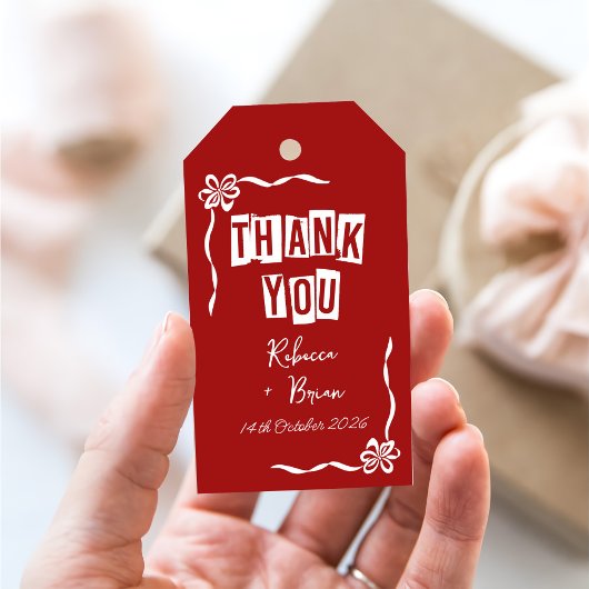 Rote und weiße handgezogene Bow-Hochzeit Geschenkanhänger