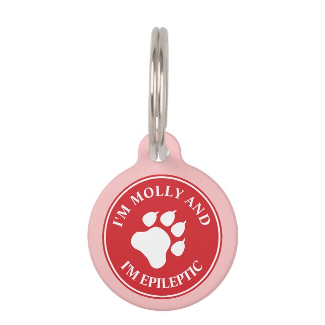 Rote und weiße Hundepah mit Epileptiktext Tiernamensmarke (Vorderseite)