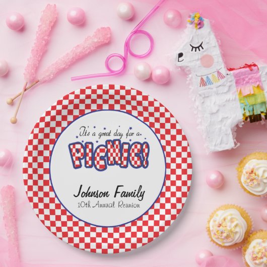 Rote und weiße karierte Quadrate | Picnic Pappteller (Party)