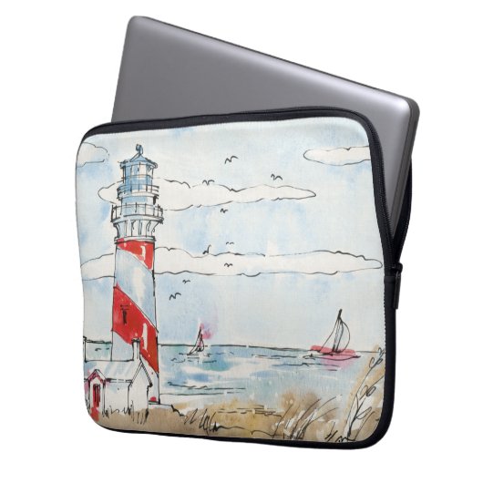 Rote und weiße Leuchtturm-Szene Laptopschutzhülle (Vorderseite Links)