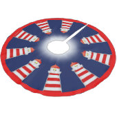 Rote und weiße Leuchttürme auf Navy Blue Polyester Weihnachtsbaumdecke (Schrägansicht)