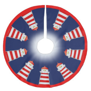 Rote und weiße Leuchttürme auf Navy Blue Polyester Weihnachtsbaumdecke