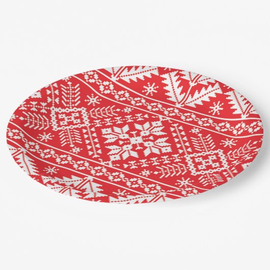 Rote und weiße Messe Isle Weihnachtsmuster Pappteller (Schrägansicht)