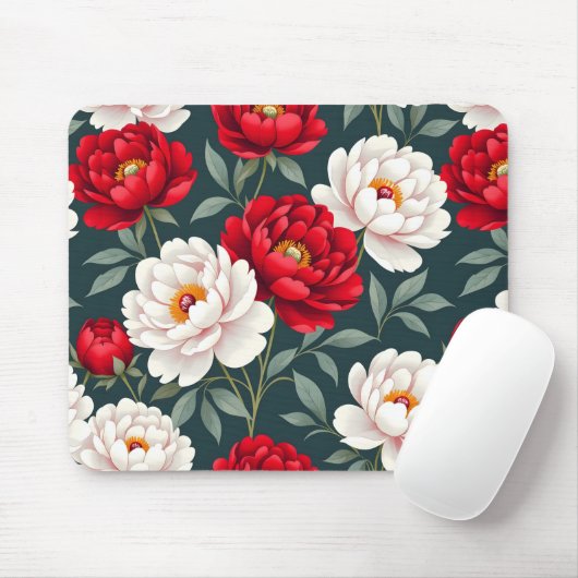 Rote und weiße Pfingstrosenblüten Mousepad (Mit Mouse)
