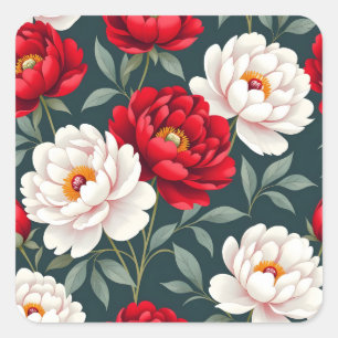 Rote und weiße Pfingstrosenblüten Quadratischer Aufkleber
