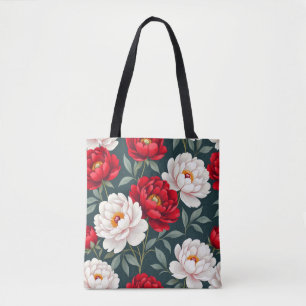 Rote und weiße Pfingstrosenblüten Tasche