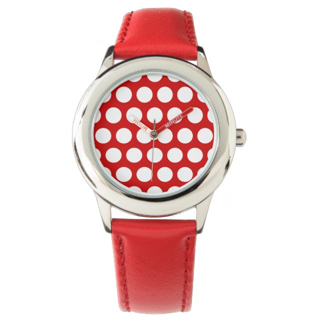 Rote und weiße Polka-Punkte Armbanduhr (Vorderseite)