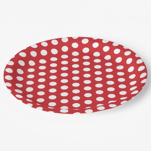 Rote und weiße Polka-Punkte Pappteller (Schrägansicht)