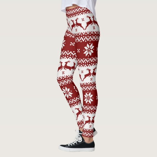 Rote und weiße Rentiere und Schneeflocken Weihnach Leggings (Links)