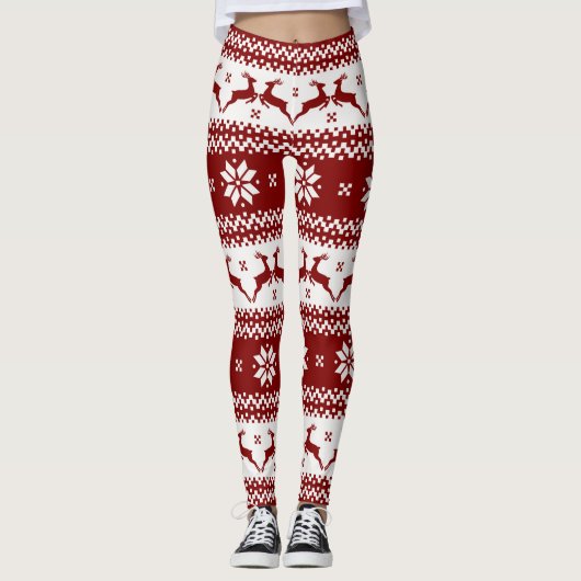Rote und weiße Rentiere und Schneeflocken Weihnach Leggings (Vorderseite)