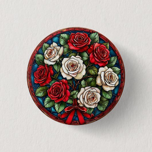Rote und weiße Rose mit detaillierten Angaben Button (Vorderseite)