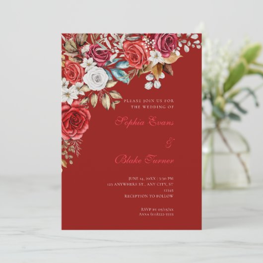 Rote und weiße Rose Rote Hochzeit Scarlet Einladung (Stehend Vorderseite)