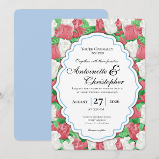 Rote und weiße Rosen-Hochzeitseinladung mit blauem Einladung