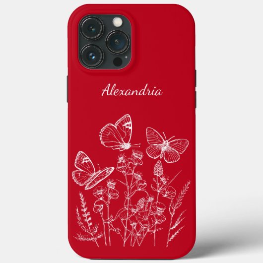 Rote und weiße Schmetterlinge in Wildblumen Monogr Case-Mate iPhone Hülle (Rückseite)