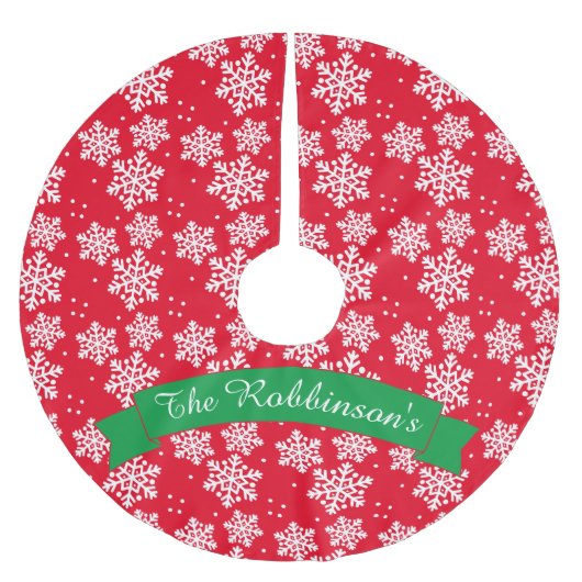 Rote und weiße Schneeflocke mit Familienname Polyester Weihnachtsbaumdecke (Vorderseite)