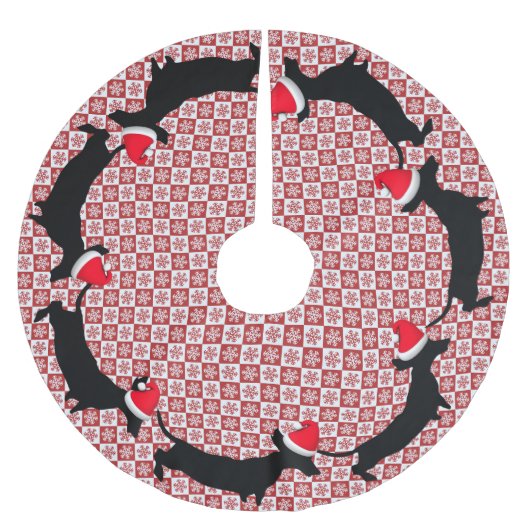 Rote und weiße Schneeflocken Dackeln Baumrock Polyester Weihnachtsbaumdecke (Vorderseite)